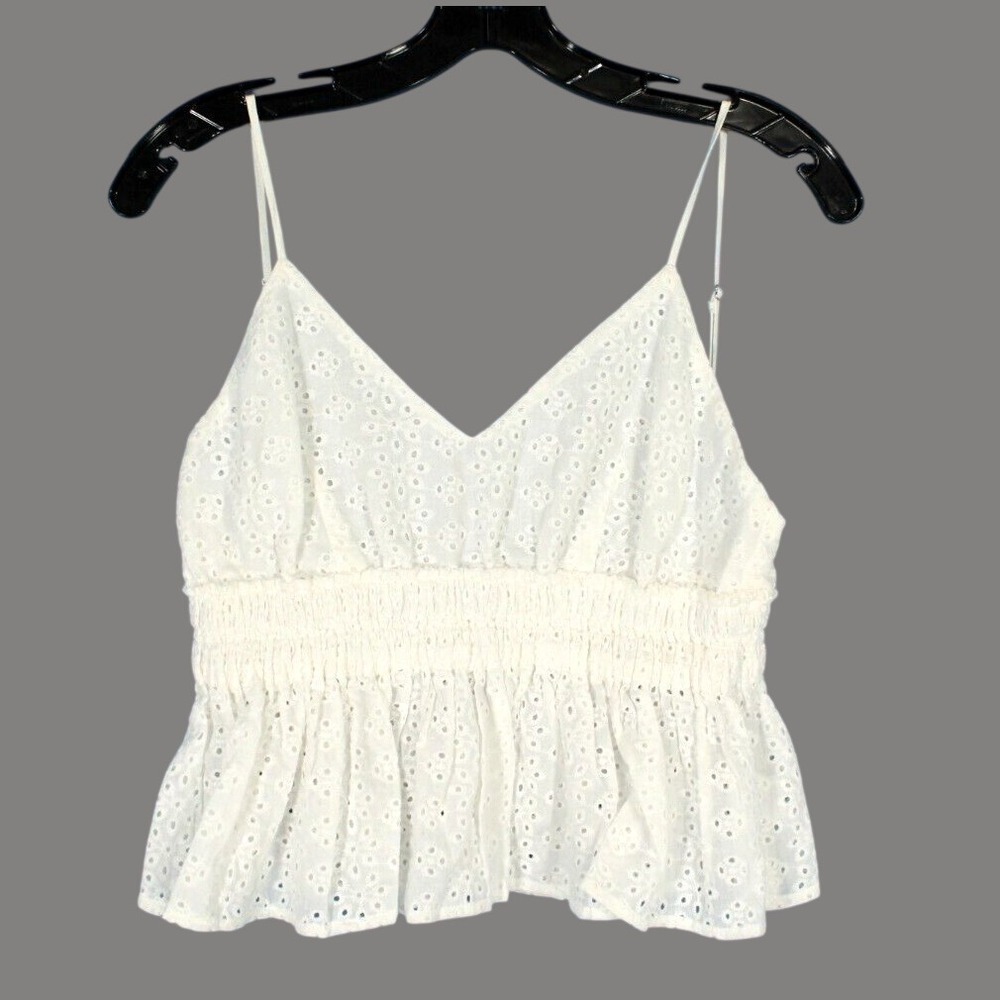COTTON CANDY LA White EYELET Plunging Neckline Smocked Waist PEPLUM CAMI/TOP M
